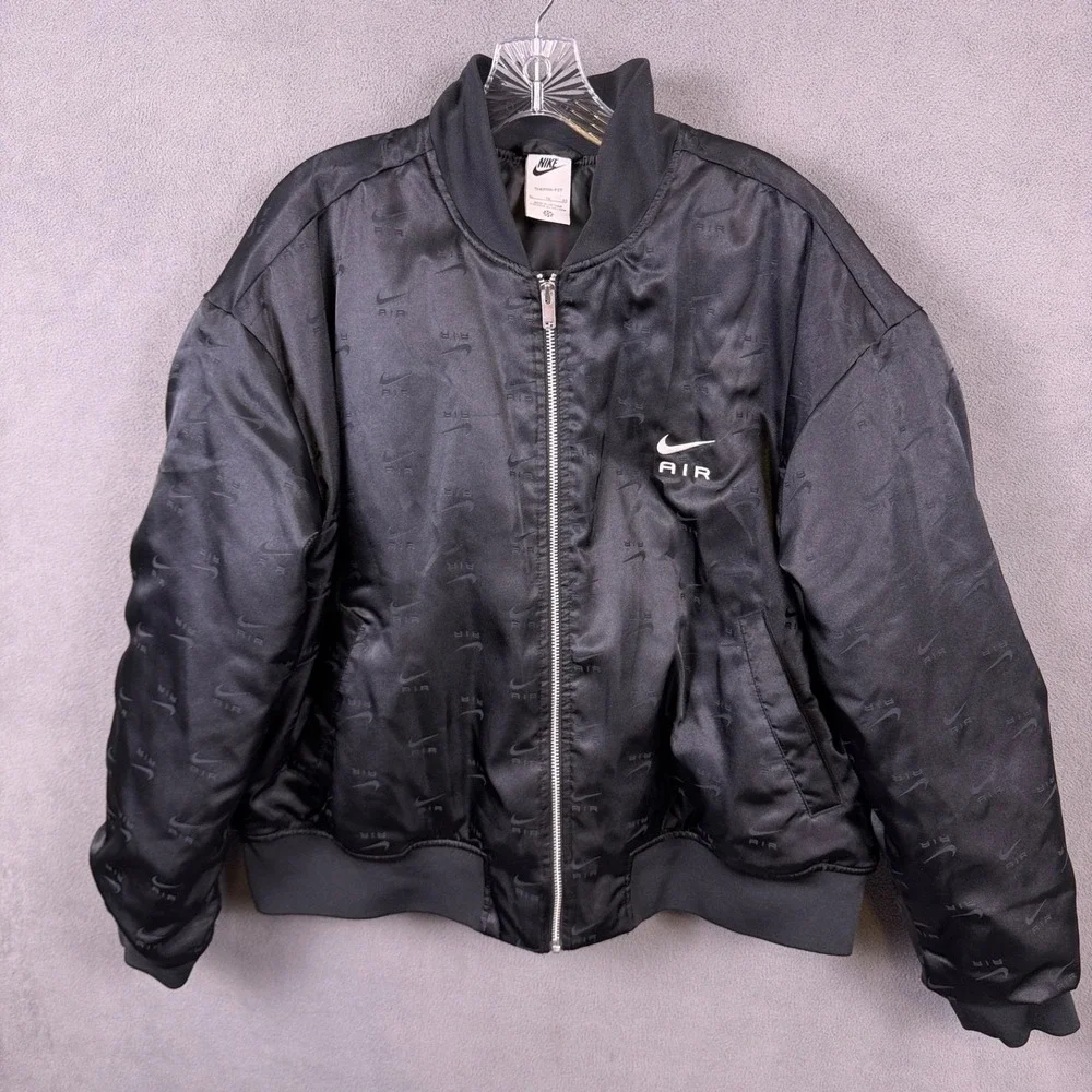 Nike‎ Air Womens Bomber Jacket XL Allover Swoosh Logo Satin Coat Excellent